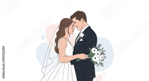Happy Bride and Groom Couple Embrace, Wedding Day Romance Illustration