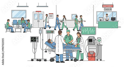 Hospital emergency room scene with doctors, nurses, patients, and medical equipment.