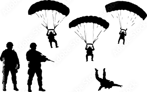 Multiple Silhouettes of Soldiers Parachuting and Standing with Rifles