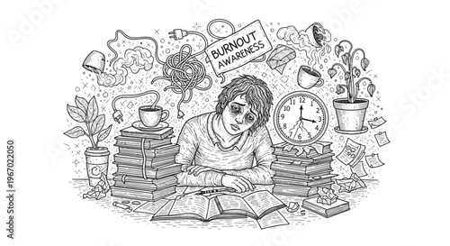 Burnout illustration depicting overwork and mental exhaustion concept
