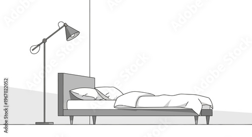 Minimalist bedroom interior with bed and floor lamp, line art illustration.