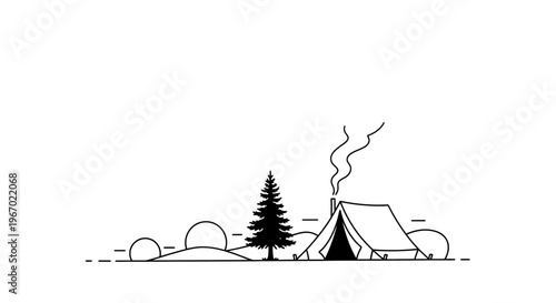 Camping scene illustration with tent and tree against white background