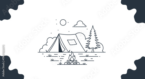 Camping scene illustration with tent campfire and nature elements on white background