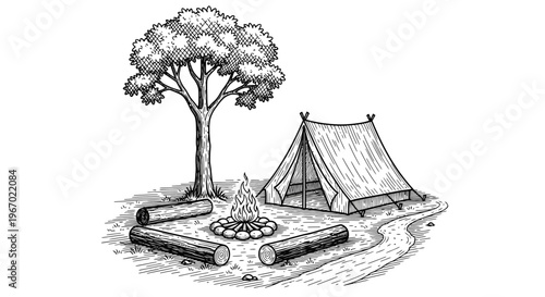 Camping scene illustration with tent campfire tree and logs vector artwork