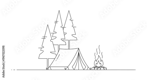 Camping scene illustration with tent trees and campfire minimal line art