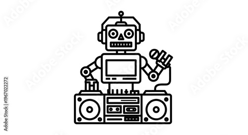 Cartoon robot dj playing music with turntables and microphone on white
