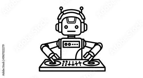 Cartoon robot dj with headphones on mixing console black and white illustration