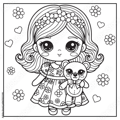 Charming girl with big eyes holding a teddy bear perfect for coloring pages
