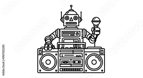 Cartoon robot dj with microphone and stereo boombox illustration