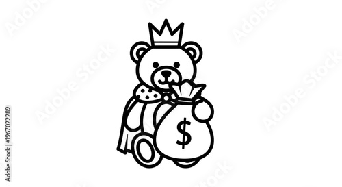 Cartoon teddy bear wearing crown holding money bag financial concept
