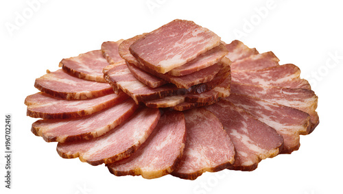 Obraz na plátně Stack of thinly sliced smoked bacon strips, isolated on transparent background