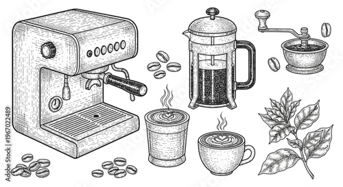 Coffee brewing equipment vector illustrations isolated on white background
