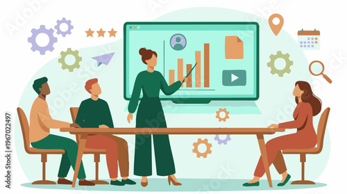 Business team presentation with female speaker explaining data on screen