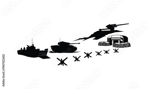 Military d day beach landing silhouettes vector with tank boat and bunker line art objects.