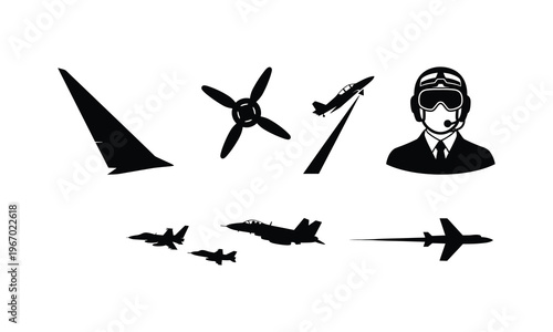 Military fighter jet aircraft airplane pilot and propeller vector silhouette illustration.