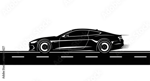 Sleek black sports car driving on a road.