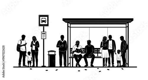 People waiting at a bus stop shelter illustration.