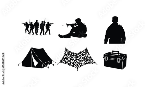 Military soldier army camp tent camouflage and toolbox vector silhouette illustration.