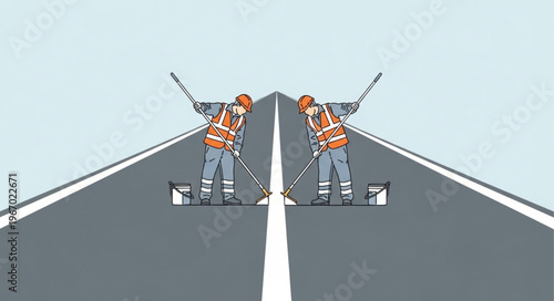 Two construction workers painting road lines on a highway.