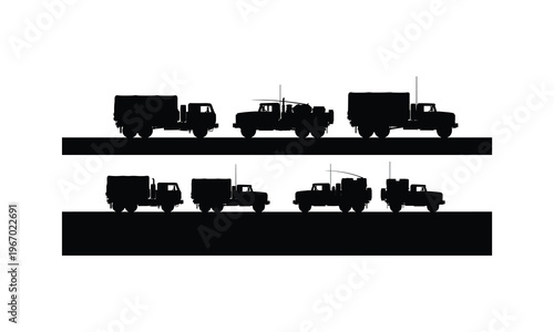 Military truck convoy vector silhouette illustration for logistics and transport mission.
