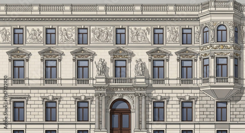 Ornate Historic Building Facade with Many Windows and Balconies.