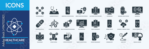 Healthcare Digitalization icon set vector illustration. Containing icon of medical imaging, biomedical engineering, biometric authentication and more. Glyph solid icon symbol collection