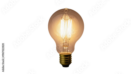 Konstfotografi Edison filament light bulb with brass base glowing warmly, isolated on transpare