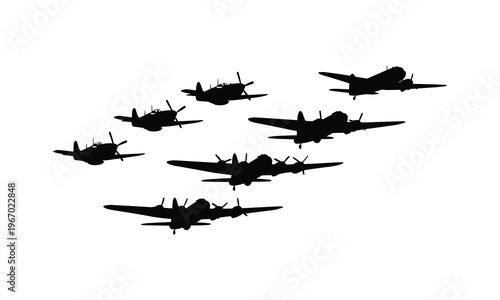 Vector silhouette illustration of formation of military airplanes flying formation.