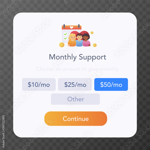 Monthly donation support screen with pricing options. vector illustration