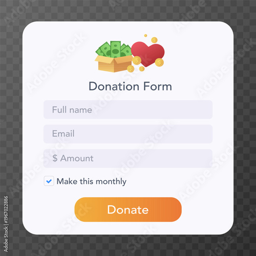 Donation form mobile interface with input fields. vector illustration