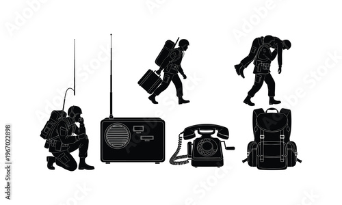 Vector silhouette set of soldier communication equipment and backpack illustration.