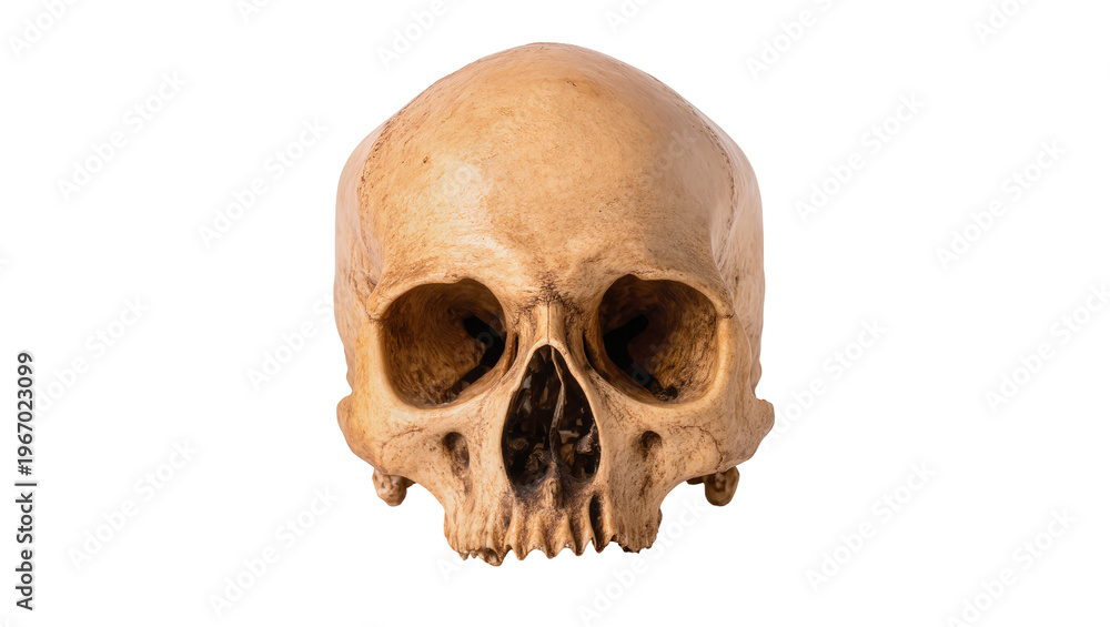 Obraz premium Human skull with empty eye sockets and teeth, isolated on transparent background