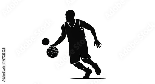 Silhouette of a basketball player dribbling a ball during a game.