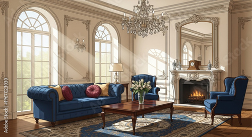 Elegant living room with antique furniture and fireplace.