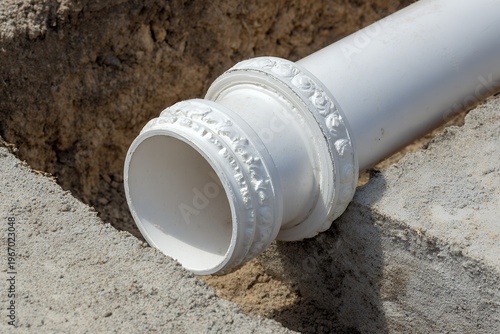 Newly installed white PVC drainage pipe with decorative fitting