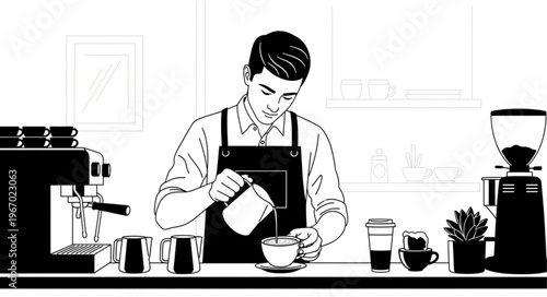 Barista making coffee at a coffee shop counter.