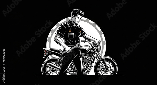 Mechanic holding wrench standing next to motorcycle illustration.