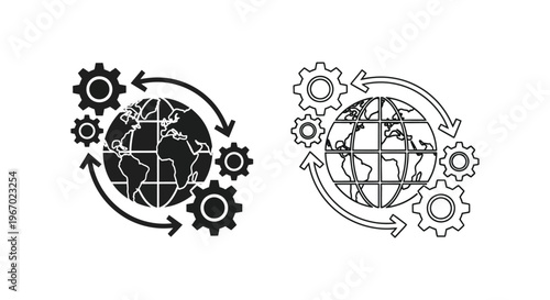 black and white icons of global gears Vector