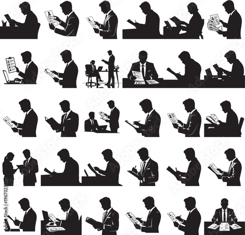 Recruiter analyzing CV for interview selection silhouette design set