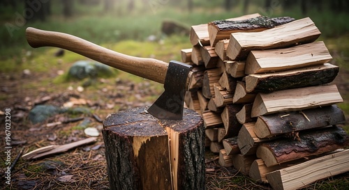 A sharp metal axe head is embedded deep into a wooden chopping block beside a stack of firewood. illustration