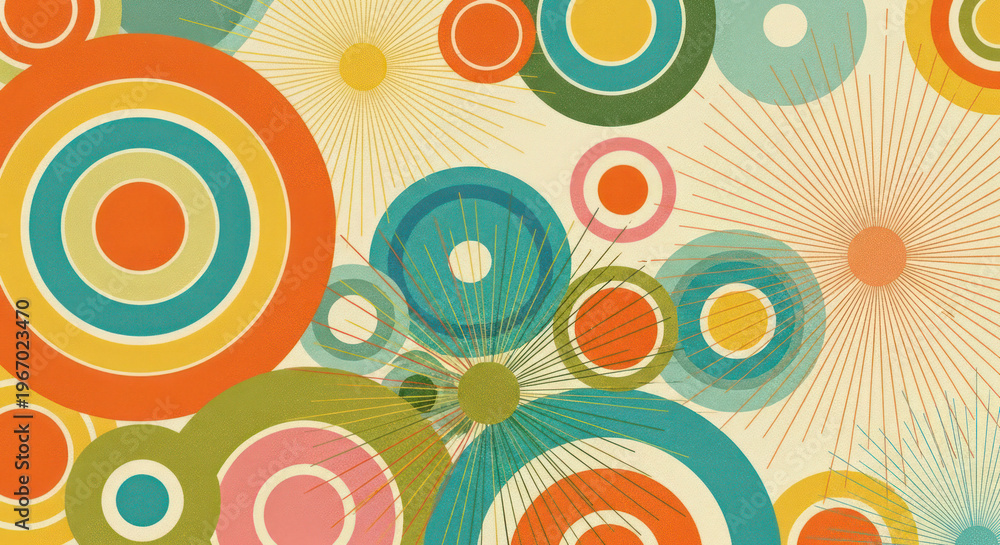 Fototapeta premium Retro Circles Pattern with Vibrant Colors and Concentric Rings.