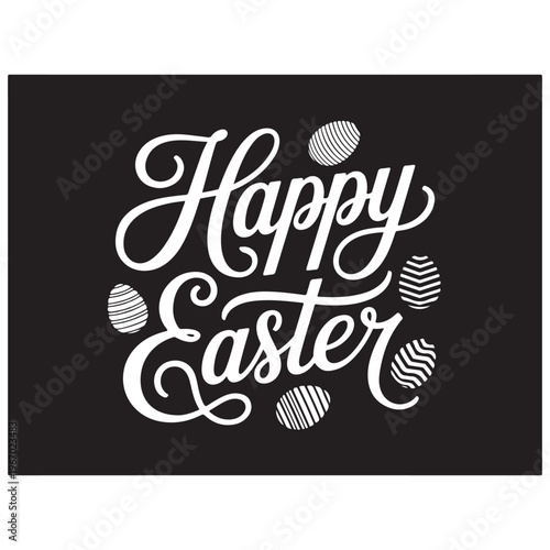 Black background with white cursive happy easter text and decorative flourishes