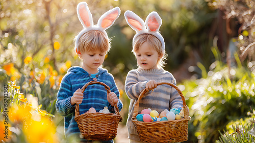 Girl and boy holding eggs near blooming roses