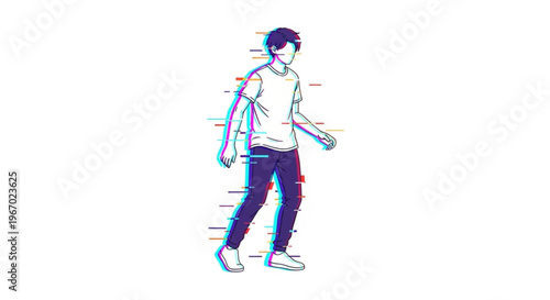 Dynamic vector illustration depicting a person in motion, enhanced with colorful glitch aesthetics, symbolizing digital disruption, modern identity, and technological influence