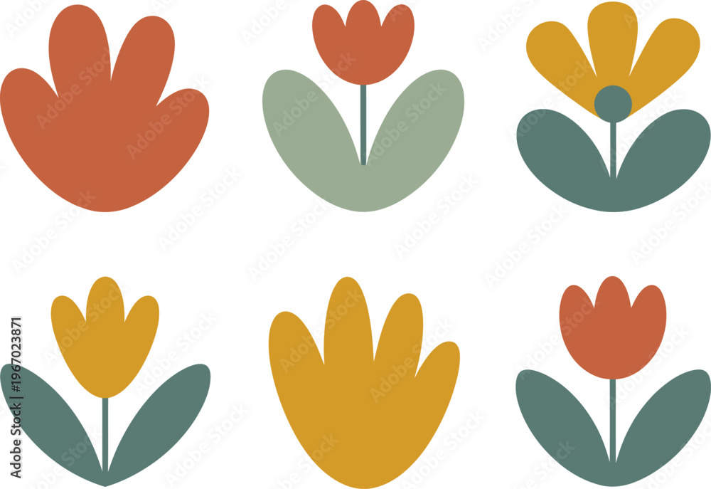 Fototapeta premium Six stylized flat design floral illustrations in muted earthy tones flower