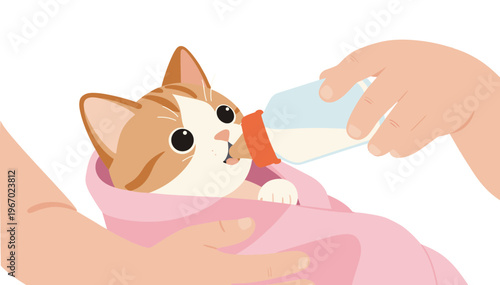Baby feeding a kitten with a bottle, nurturing moment, cozy setting