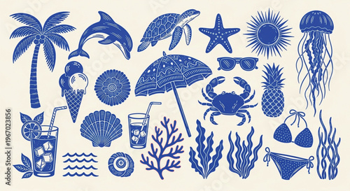 Set of blue hand drawn summer beach icons featuring palm trees dolphins sea turtles and tropical vacation elements for creative design projects isolated on a light background