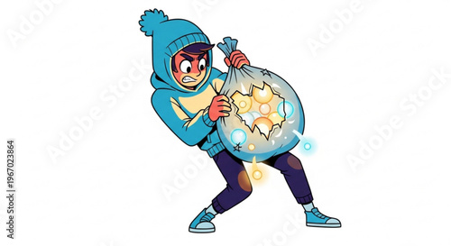A determined thief in a blue beanie struggles to carry a sack filled with glowing objects, symbolizing a challenging heist or the burden of stolen goods