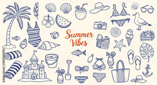 Summer vibes hand drawn doodle set with tropical beach items including sandcastles bikinis cocktails and surf accessories for seasonal travel design projects on light background