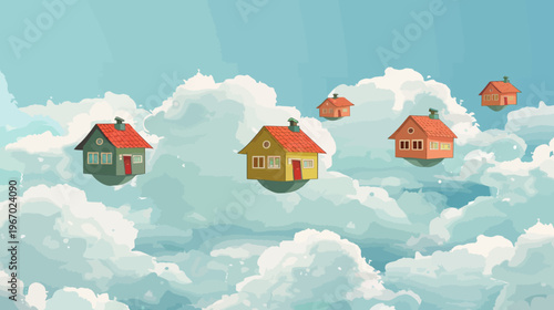 Cartoon houses float among fluffy clouds creating an imaginative idyllic scene